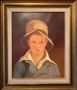 Portrait du garçon au chapeau de paille années 70/80, signé