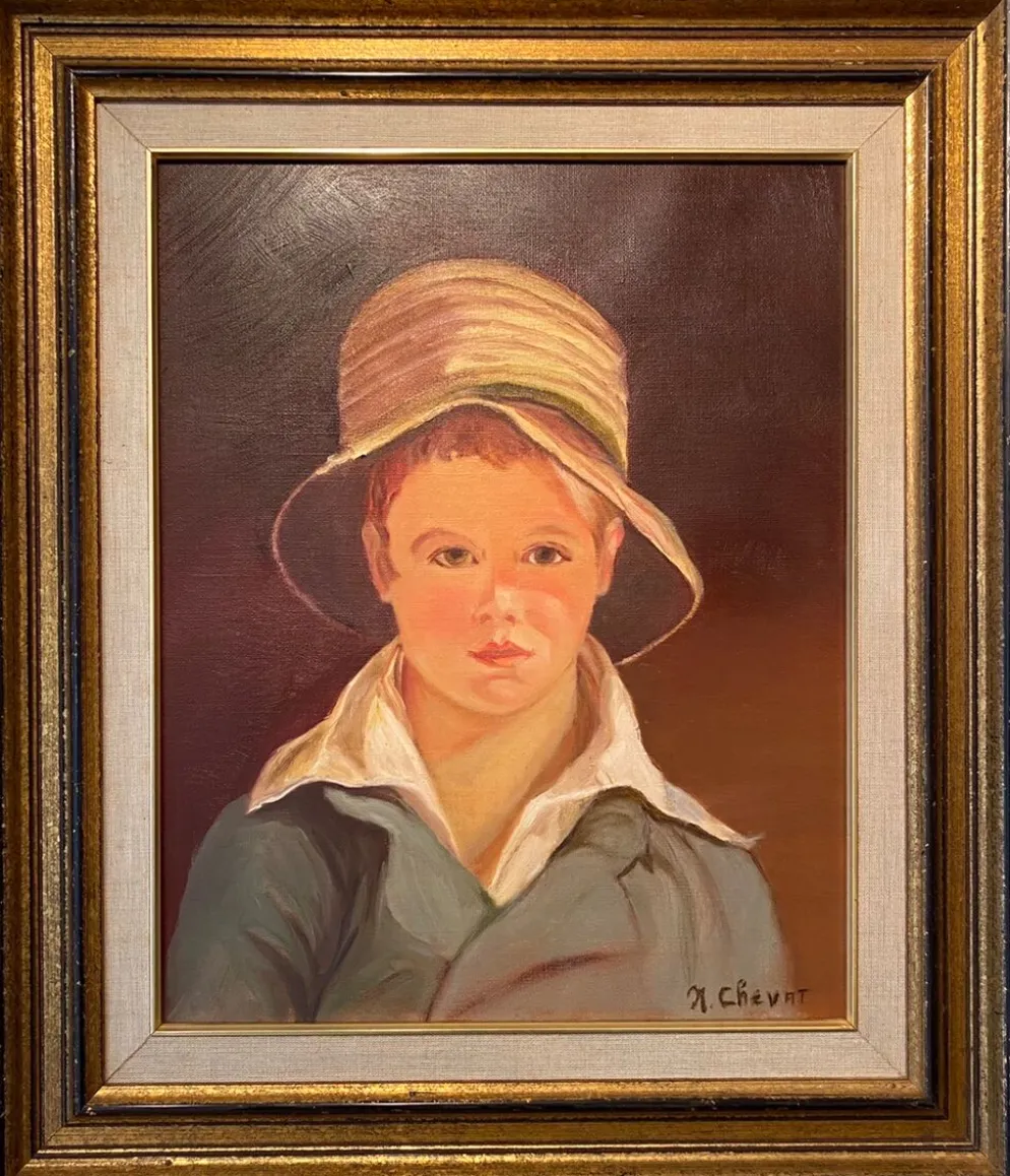 Portrait du garçon au chapeau de paille années 70/80, signé