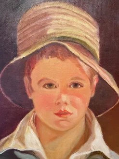 Portrait du garçon au chapeau de paille années 70/80, signé