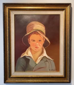 Portrait du garçon au chapeau de paille années 70/80, signé