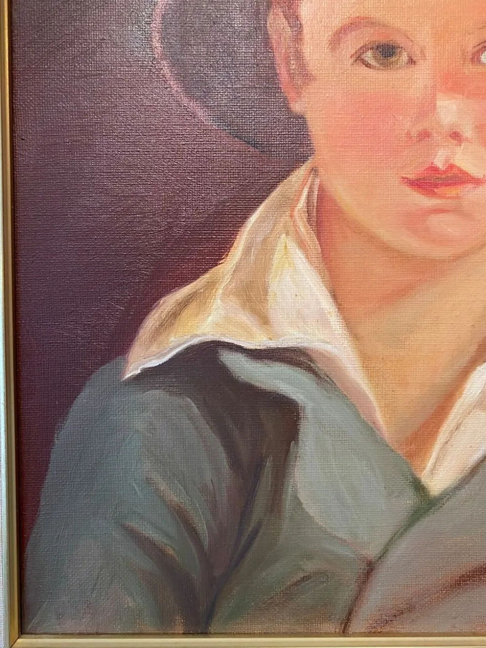 Portrait du garçon au chapeau de paille années 70/80, signé