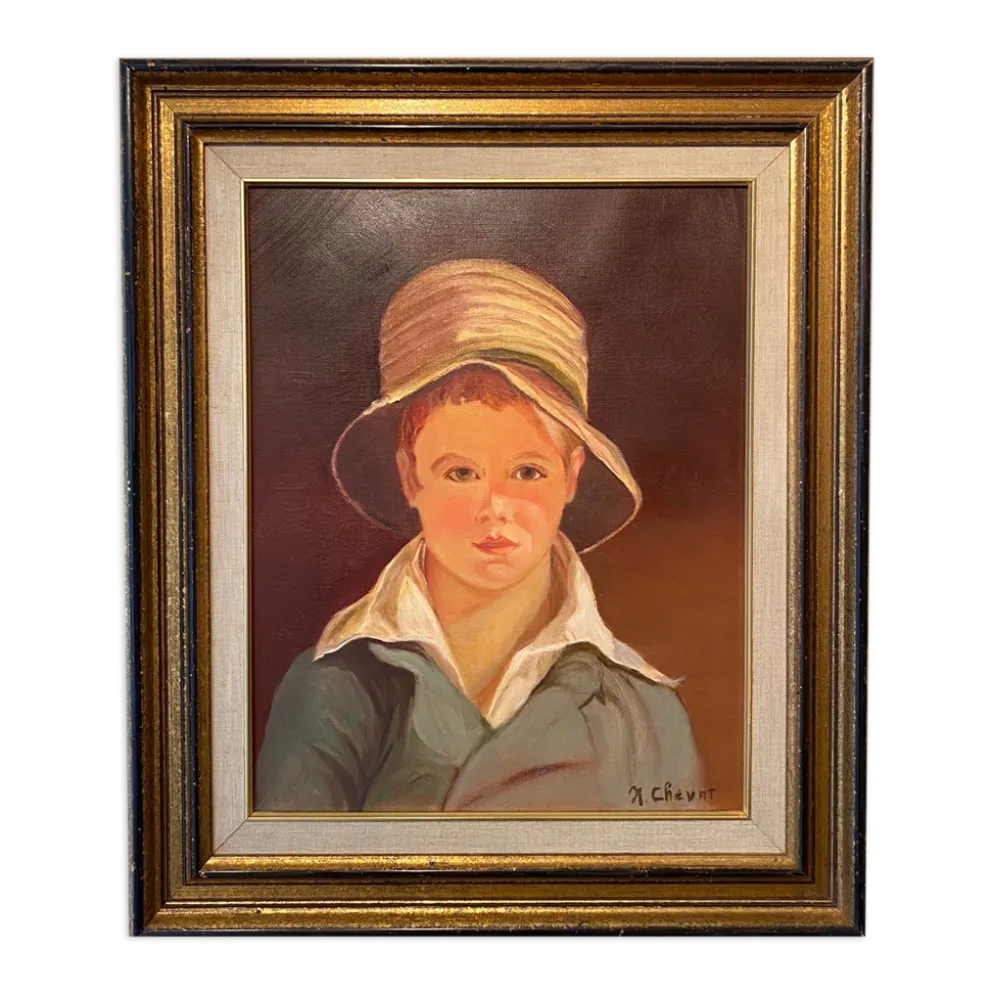 Portrait du garçon au chapeau de paille années 70/80, signé
