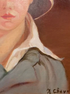 Portrait du garçon au chapeau de paille années 70/80, signé