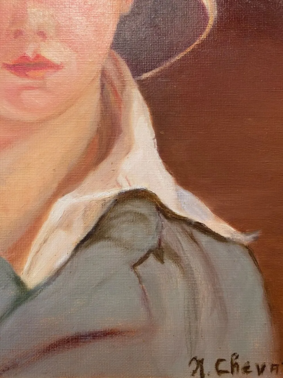 Portrait du garçon au chapeau de paille années 70/80, signé