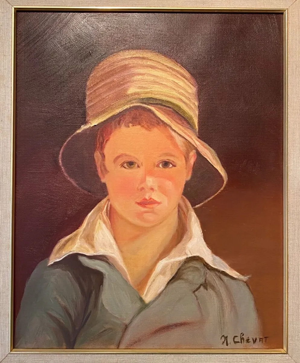 Portrait du garçon au chapeau de paille années 70/80, signé