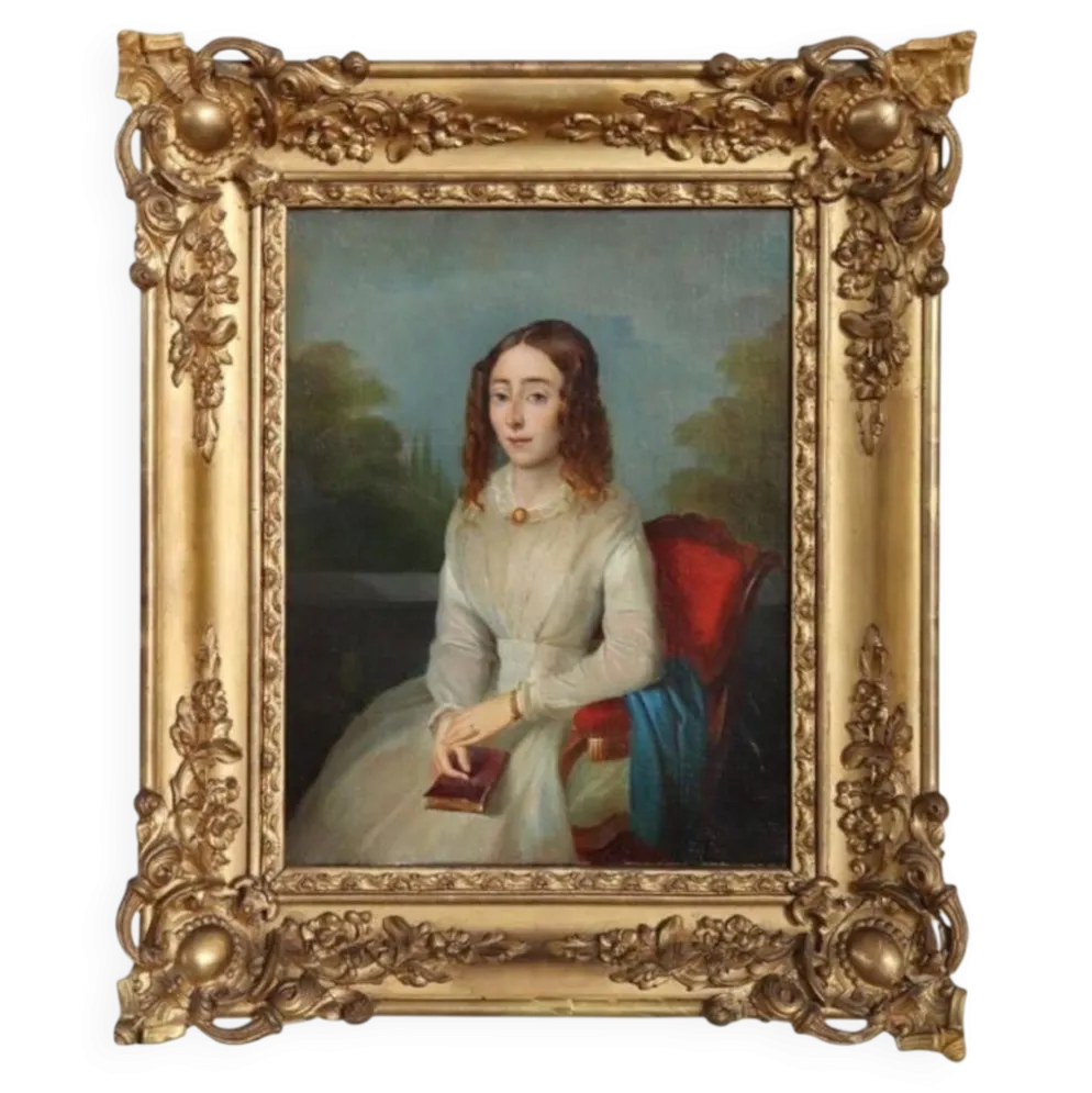 Portrait d'une jeune femme avec un livre, huile sur toile, Italie, 19e siècle