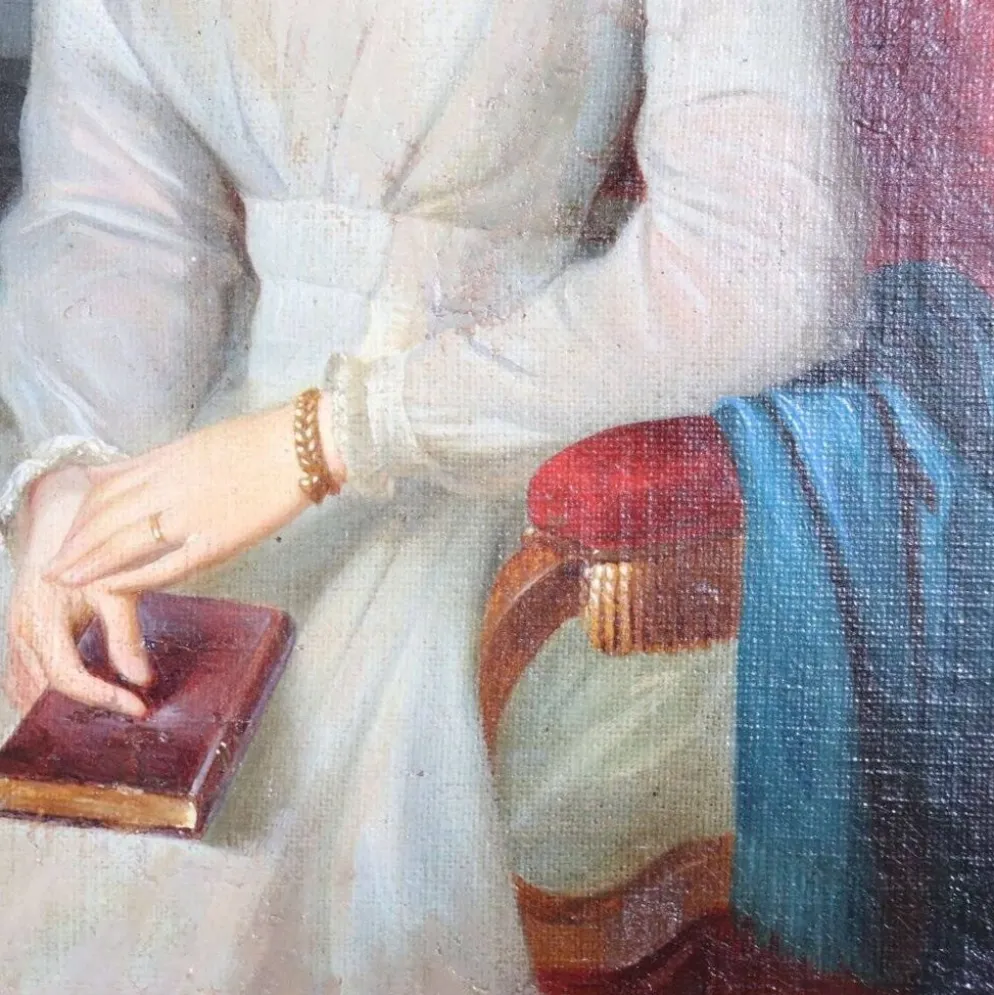 Portrait d'une jeune femme avec un livre, huile sur toile, Italie, 19e siècle