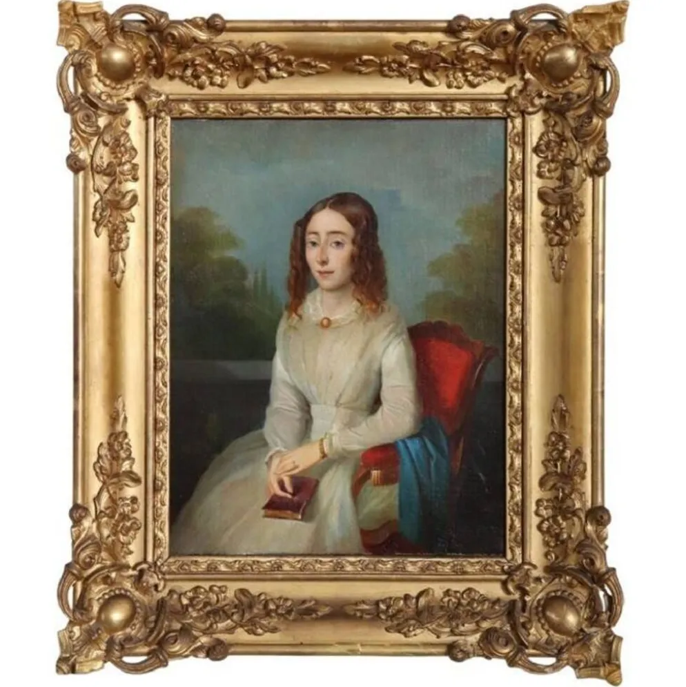 Portrait d'une jeune femme avec un livre, huile sur toile, Italie, 19e siècle