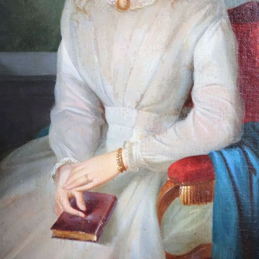 Portrait d'une jeune femme avec un livre, huile sur toile, Italie, 19e siècle