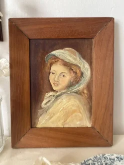 Portrait à l'huile ancien sur bois jeune femme