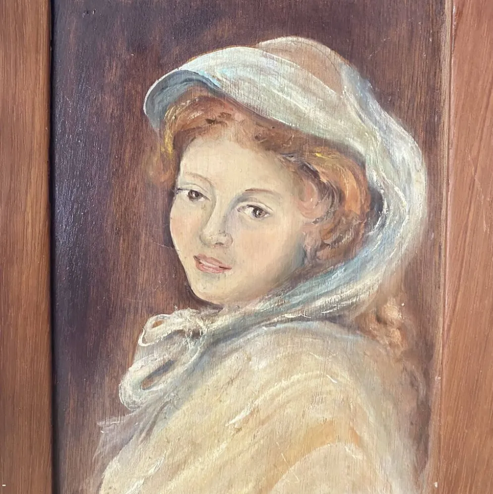 Portrait à l'huile ancien sur bois jeune femme