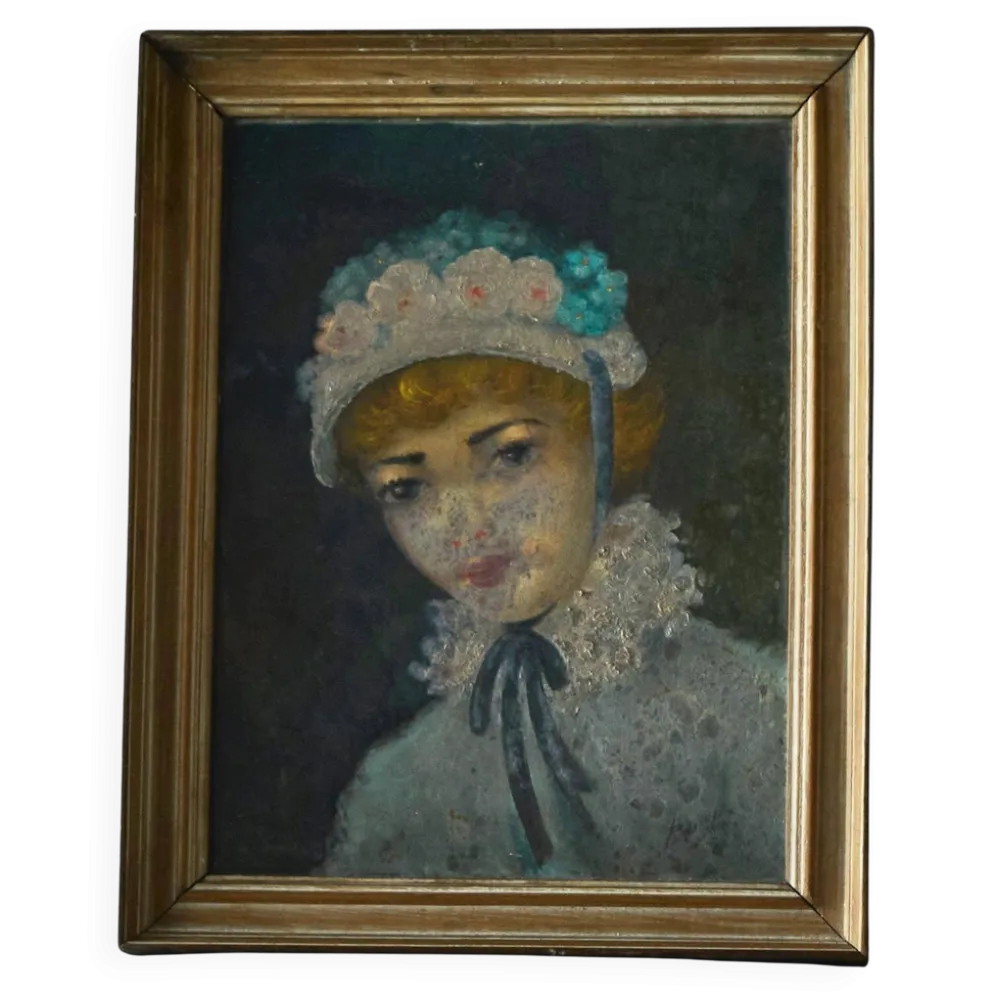 Portrait à l'huile d'une femme avec bonnet fleuri, Belgique, années 1920