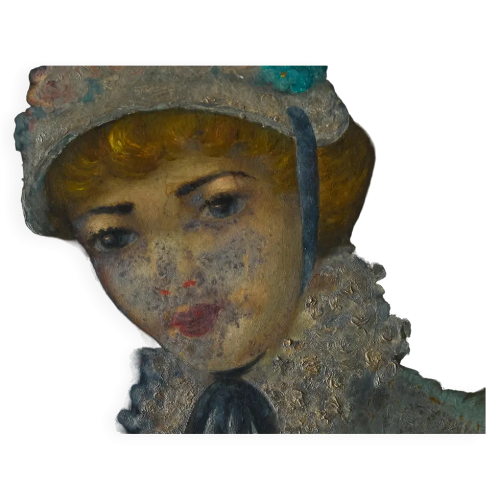 Portrait à l'huile d'une femme avec bonnet fleuri, Belgique, années 1920