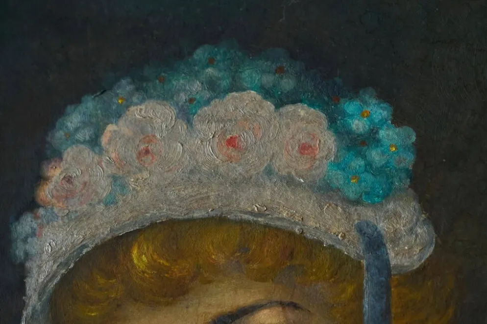 Portrait à l'huile d'une femme avec bonnet fleuri, Belgique, années 1920