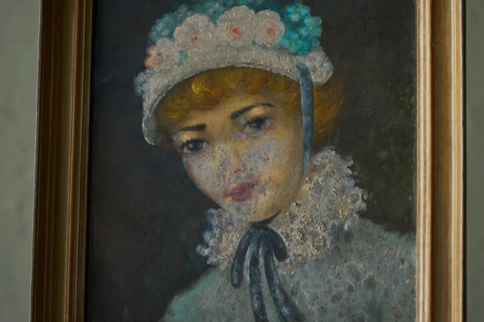 Portrait à l'huile d'une femme avec bonnet fleuri, Belgique, années 1920
