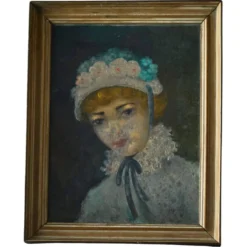 Portrait à l'huile d'une femme avec bonnet fleuri, Belgique, années 1920
