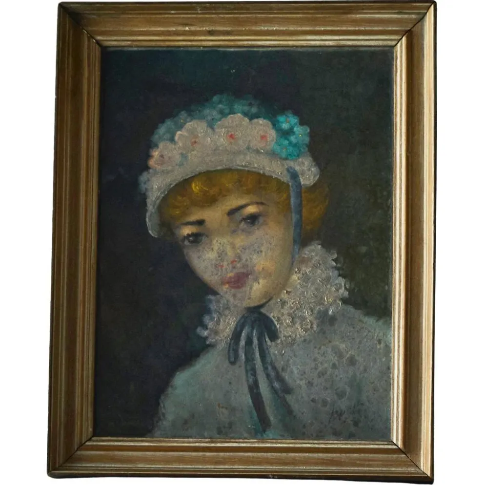 Portrait à l'huile d'une femme avec bonnet fleuri, Belgique, années 1920