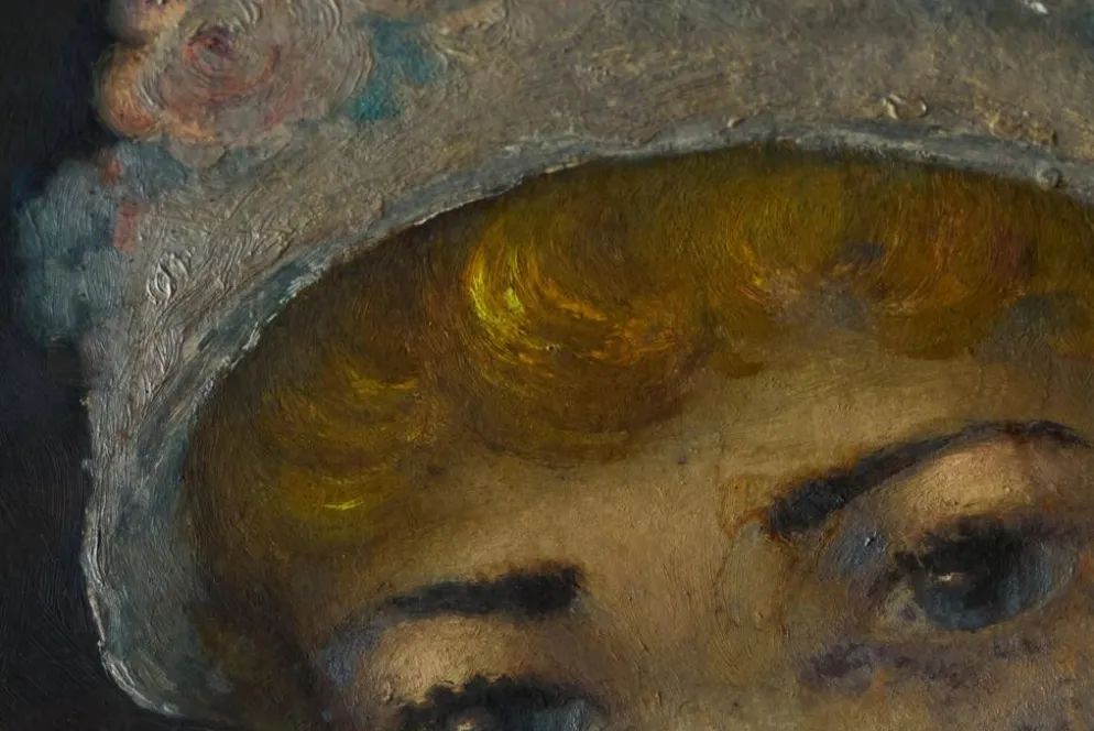 Portrait à l'huile d'une femme avec bonnet fleuri, Belgique, années 1920