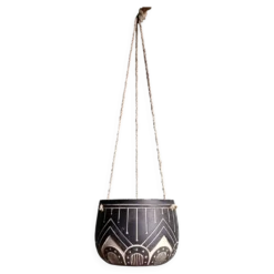 Pot de fleurs suspendu Sgraffito en argile & corde