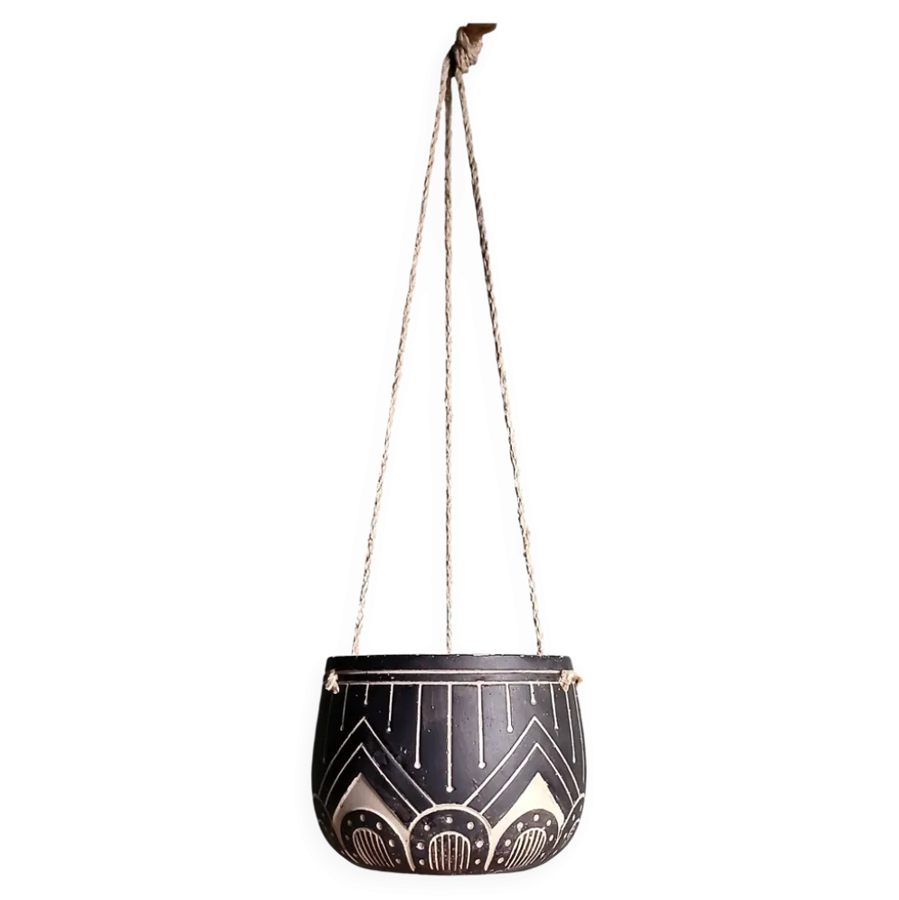Pot de fleurs suspendu Sgraffito en argile & corde