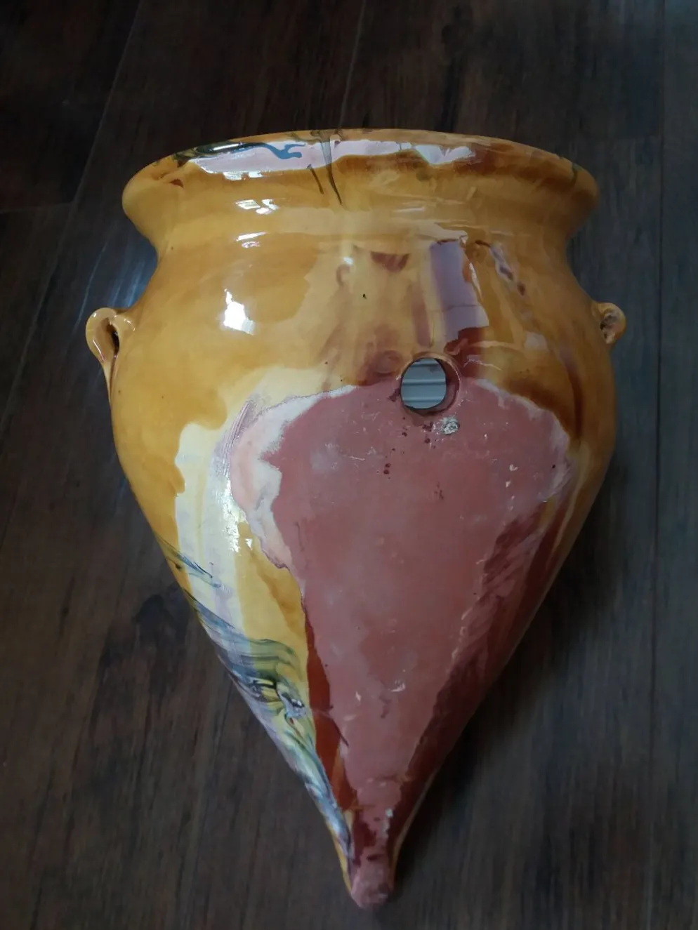 Pot jarre en terre cuite, jaspé, poterie provençale ou catalane à suspendre