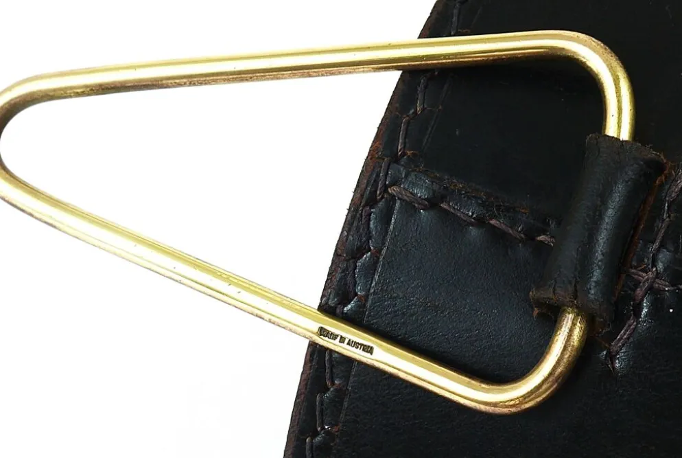 Poubelle à papier Mid-Century Carl Auböck en cuir noir et laiton, Autriche, années 1950