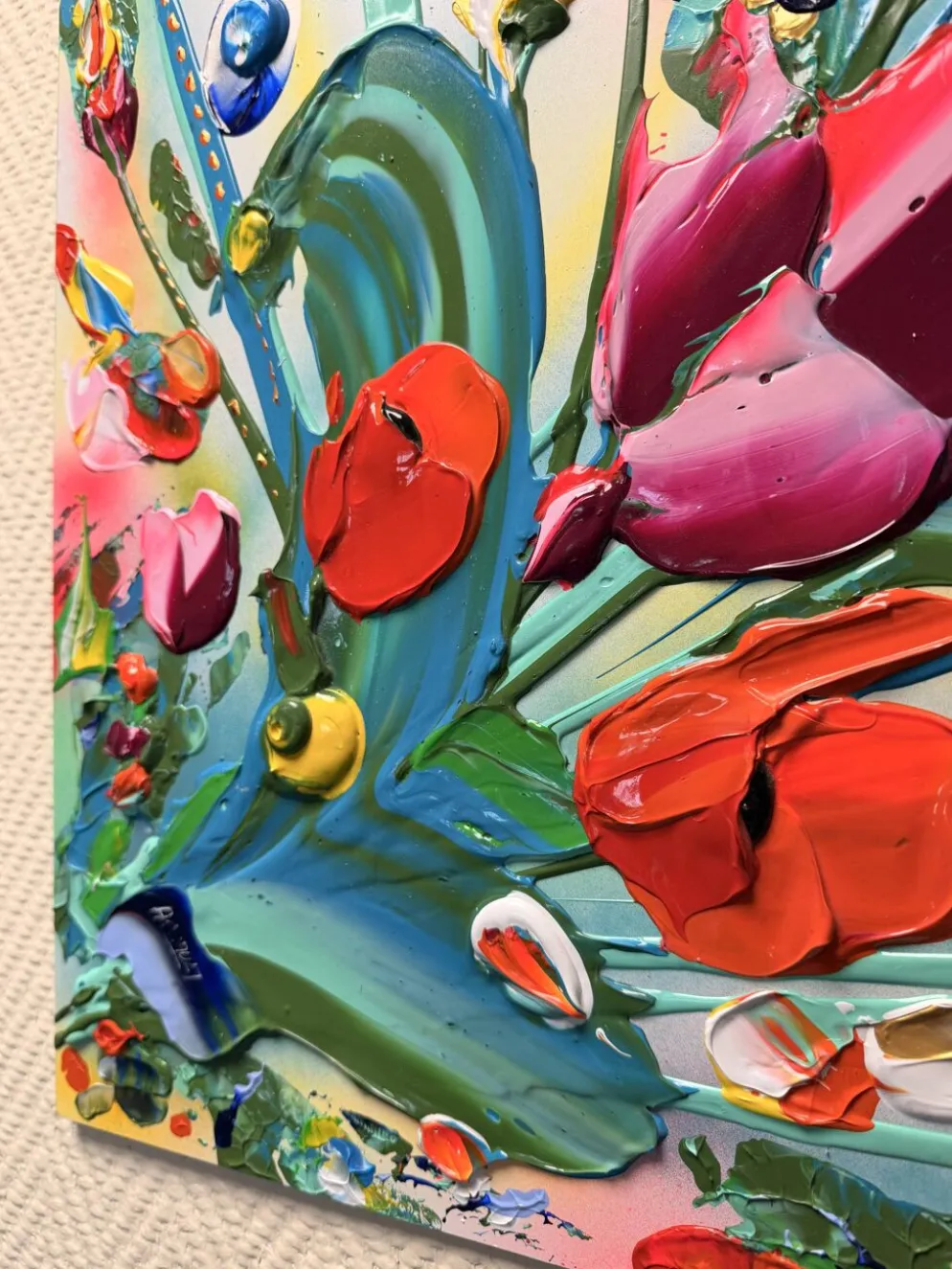 Quadriptyque de peintures abstraites florales au couteau JP Accault