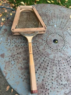 Raquette de tennis en bois tunmer spécial, protège tamis cadre en bois vintage et collector