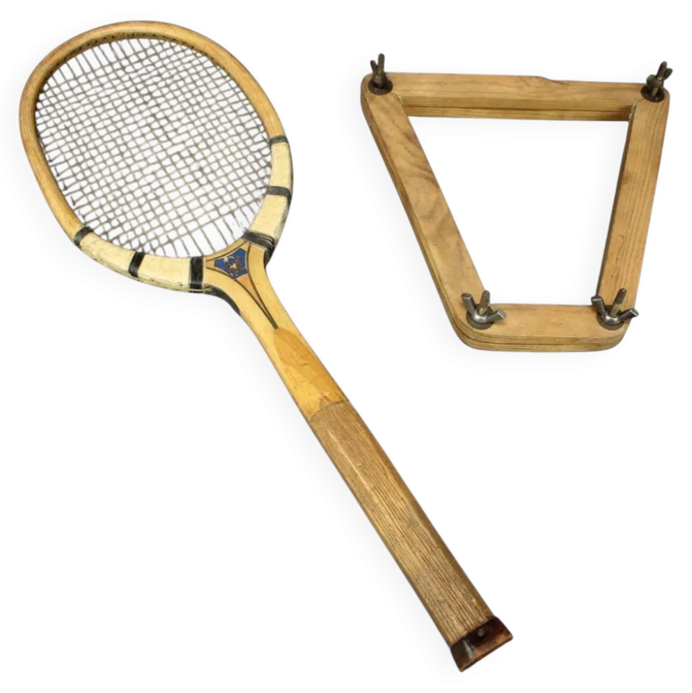 Raquette de tennis Prieur Paris avec presse en bois d'origine, vers 1930-1950