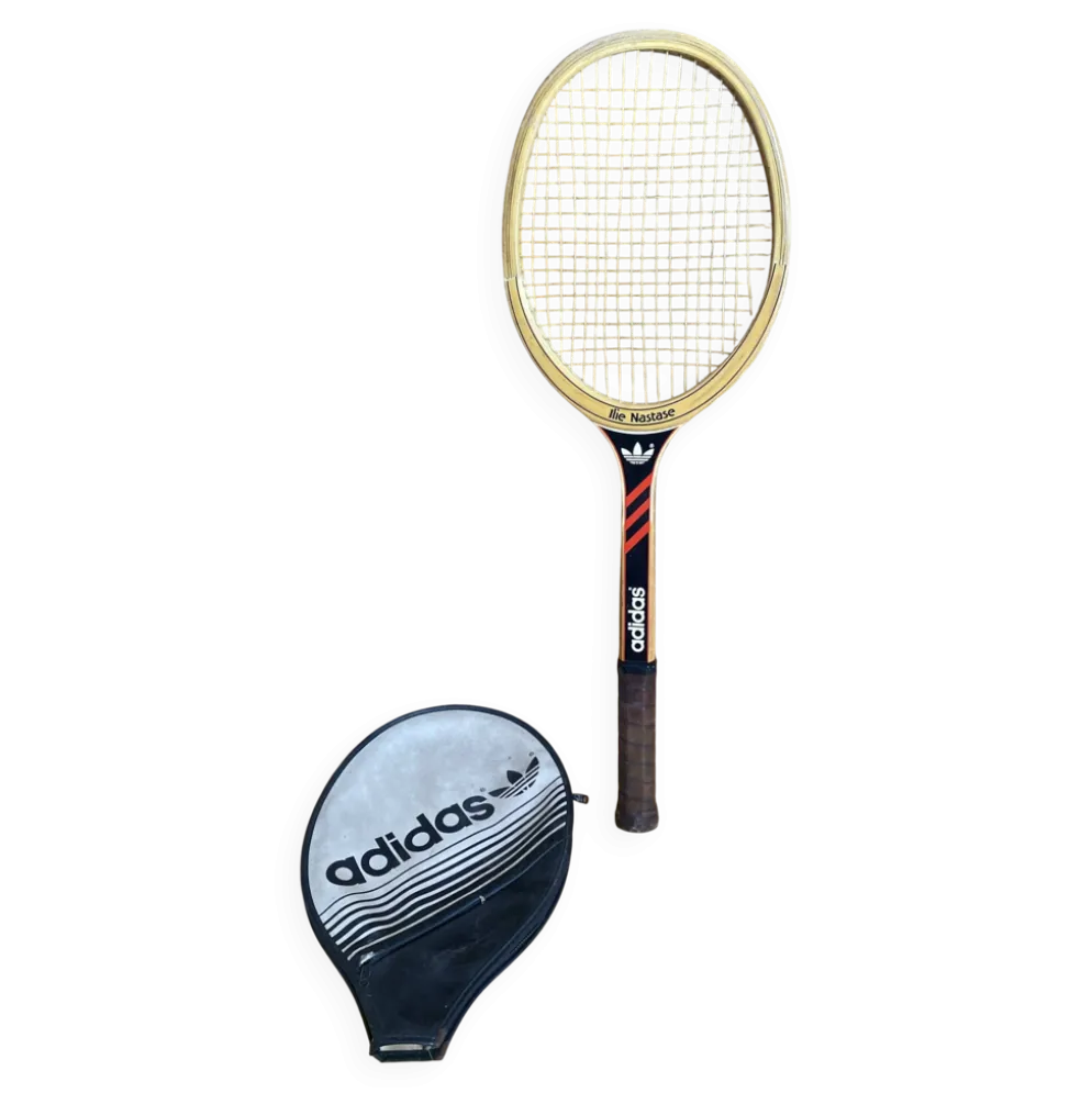 Raquette tennis ancienne adidas ilie nostase bois + housse vintage #e2
