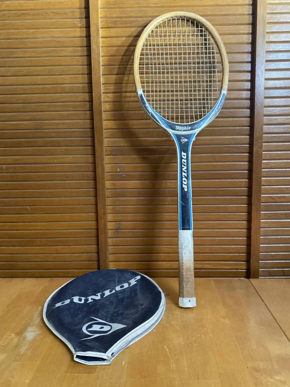 Raquette tennis ancienne dunlop saphir bois + housse dunlop vintage #e