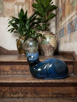 Rare grand chat bleu vintage en porcelaine d'Art de Virebent, années 1970-1990