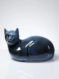 Rare grand chat bleu vintage en porcelaine d'Art de Virebent, années 1970-1990