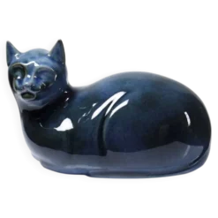 Rare grand chat bleu vintage en porcelaine d'Art de Virebent, années 1970-1990
