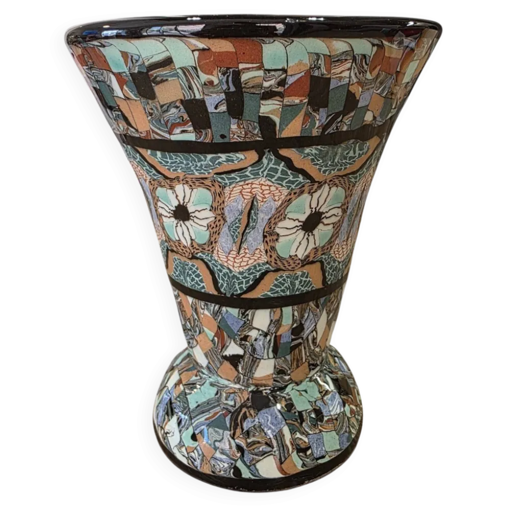Rare vase diabolo Jean Gerbino Vallauris 15 cm Terres mêlées mosaïque