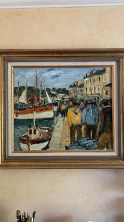 Éric Battista – Scène de port animée, huile sur toile signée