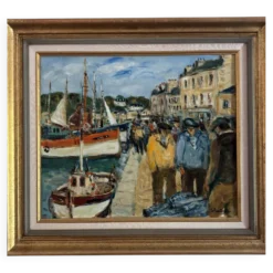 Éric Battista – Scène de port animée, huile sur toile signée