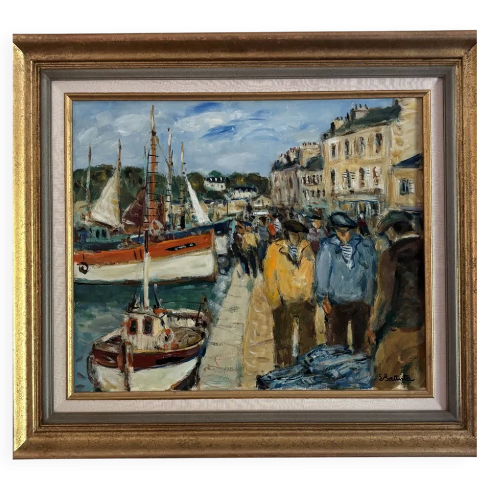 Éric Battista – Scène de port animée, huile sur toile signée