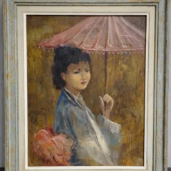 R. Milot – Jeune femme à l’ombrelle – Huile sur panneau - époque Art Déco