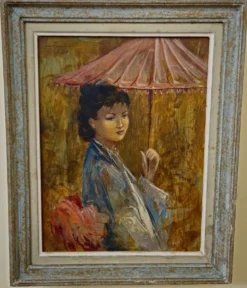 R. Milot – Jeune femme à l’ombrelle – Huile sur panneau - époque Art Déco