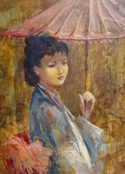 R. Milot – Jeune femme à l’ombrelle – Huile sur panneau - époque Art Déco