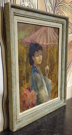 R. Milot – Jeune femme à l’ombrelle – Huile sur panneau - époque Art Déco
