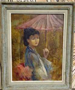 R. Milot – Jeune femme à l’ombrelle – Huile sur panneau - époque Art Déco