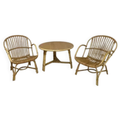 Salon Audoux-Minnet en rotin, 2 fauteuils et table 1950-1960