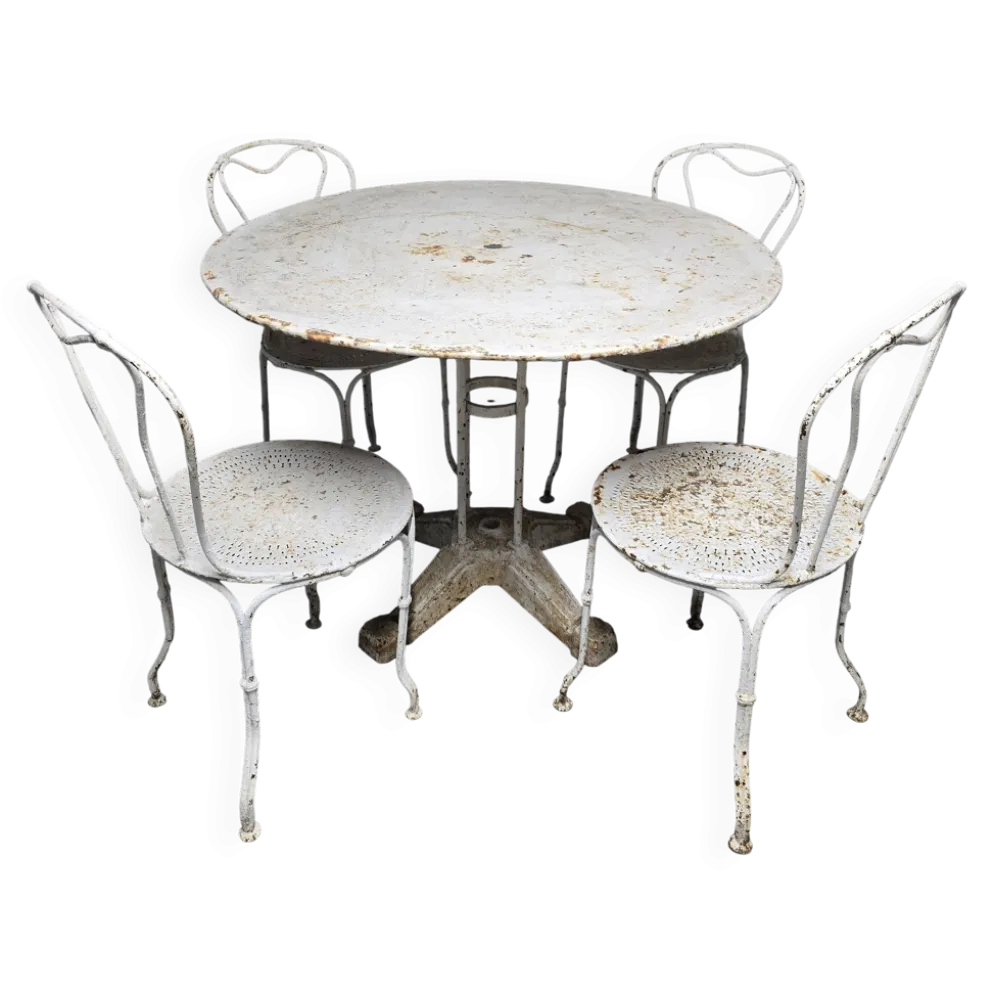Salon de jardin ancien en fer forgé peint, table ronde et quatre chaises