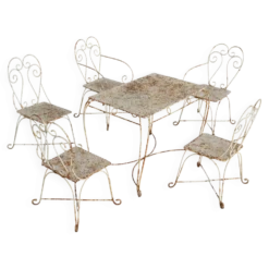 Salon de jardin en fer forgé avec table et cinq chaises, French mid 20th Century, 1950s