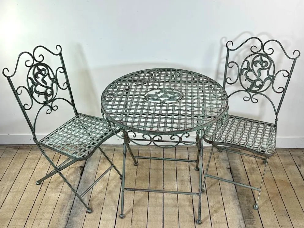 Salon de Jardin en fer forgé pliable vert patiné 1 table + 2 Chaises