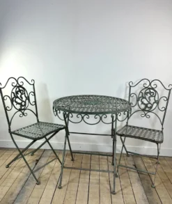 Salon de Jardin en fer forgé pliable vert patiné 1 table + 2 Chaises