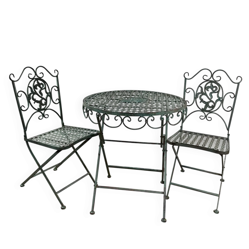 Salon de Jardin en fer forgé pliable vert patiné 1 table + 2 Chaises