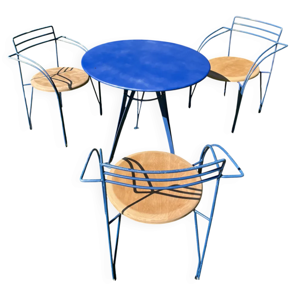 Salon de jardin par "Pascal Mourgue", une table et 3 chaises, Année 80